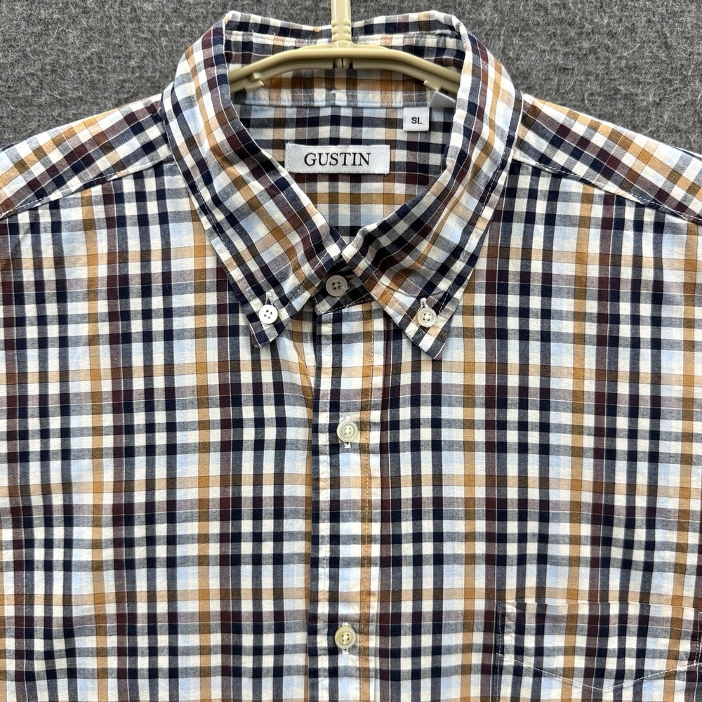 Gustin Shirt Mens XL SL‎ Blue Brown Striped Plaid Button Down Cotton Made USA